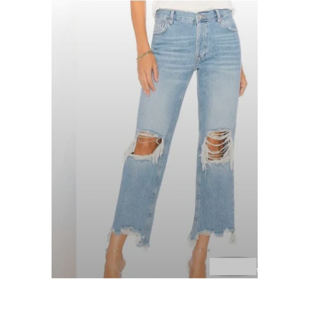 Free People Maggie Mid Rise Straight Leg Distressed Denim Jeans Medium Wash‎ 27